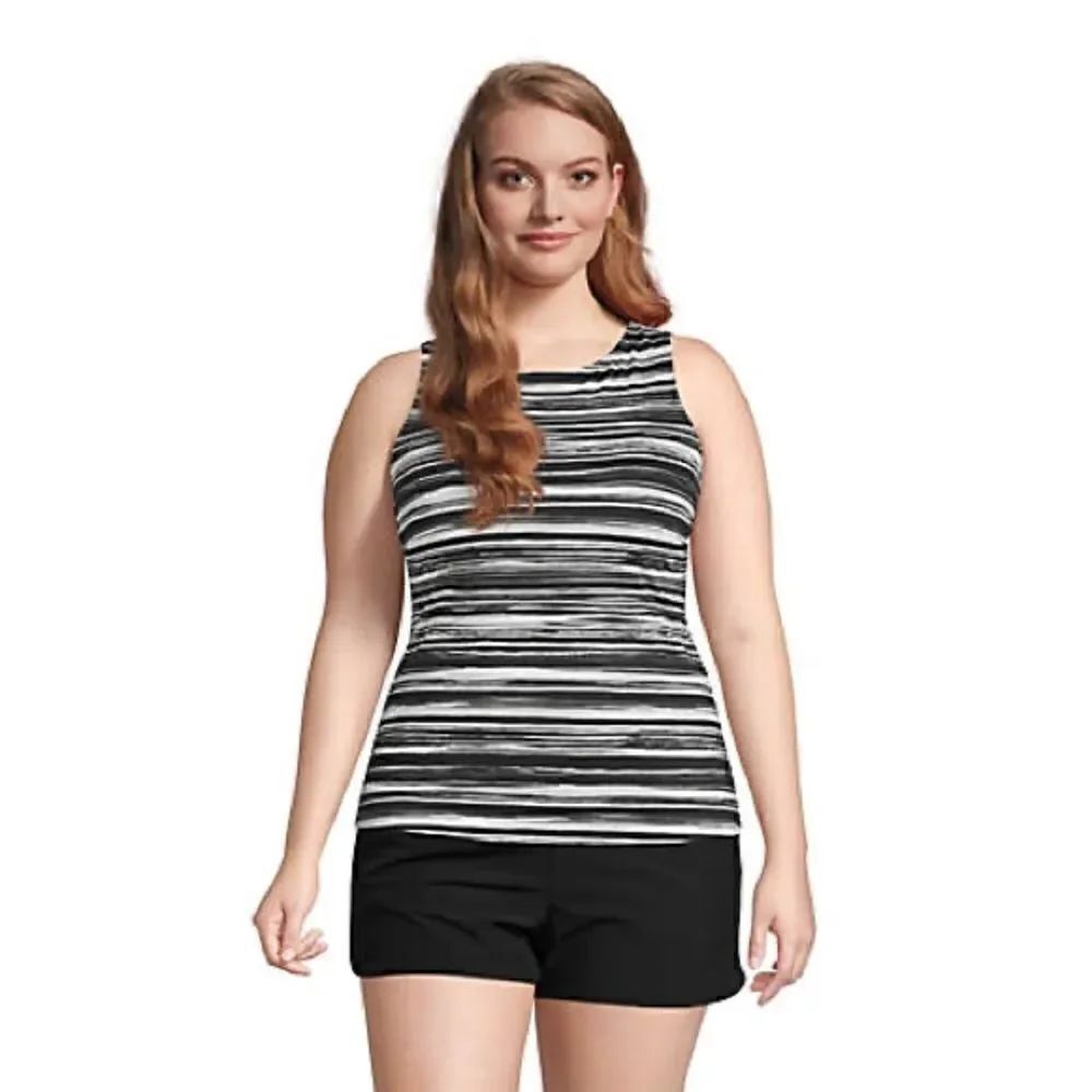 Land’s End high neck modest soft cup, tankini black white hombre stripe Var